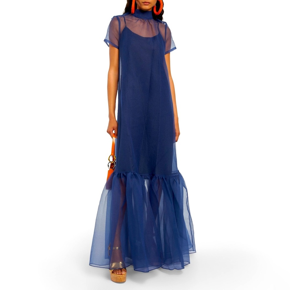 Staud Calluna High-Neck Organza Gown in Navy Blue Size Small
